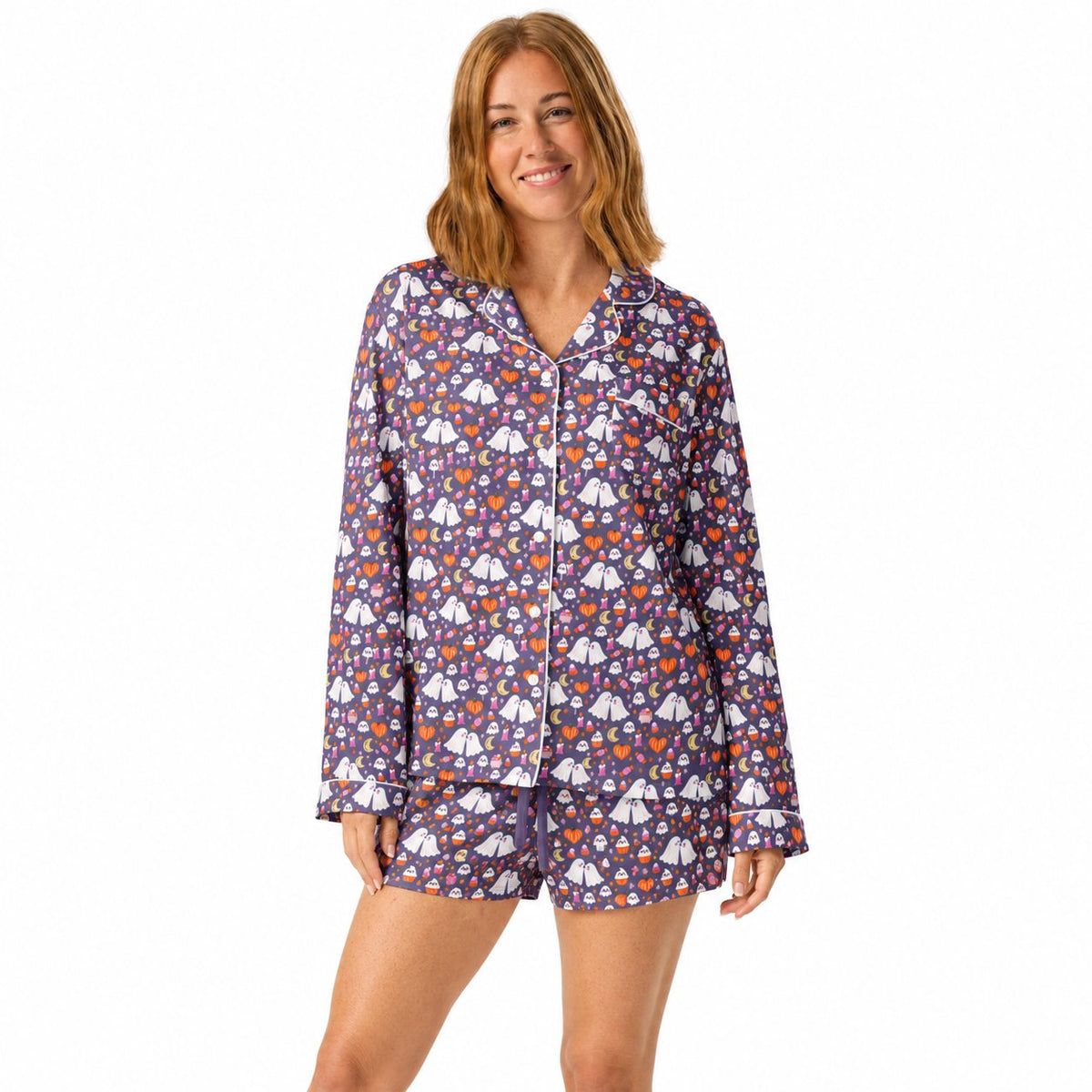 Kisses & Little Boos pajama shorts on model with coordinating top; shorts sold separately