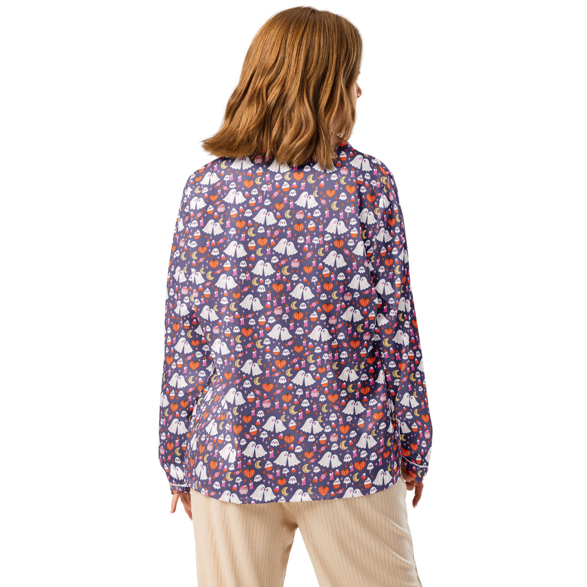 Kisses & Little Boos long-sleeve pajama top, back view on model